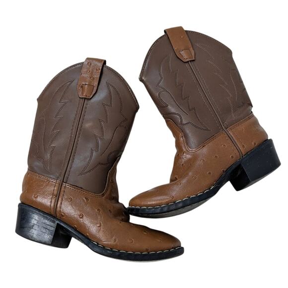 Old West Kids' Cognac Round Toe Faux Ostrich Western Boots Style OR9117 Size 10 - Picture 1 of 7